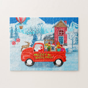 Franse Bulldog met kerstcadeau vrachtwagen sneeuw Legpuzzel