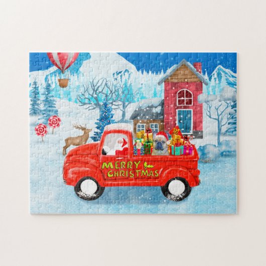 Franse Bulldog met kerstcadeau vrachtwagen sneeuw Legpuzzel (Horizontaal)