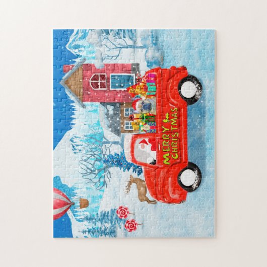 Franse Bulldog met kerstcadeau vrachtwagen sneeuw Legpuzzel (Verticaal)