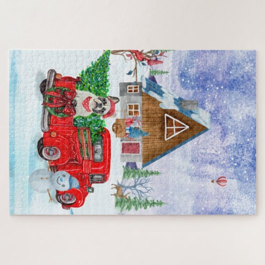 Franse Bulldog met kerstcadeau vrachtwagen sneeuw Legpuzzel (Horizontaal)