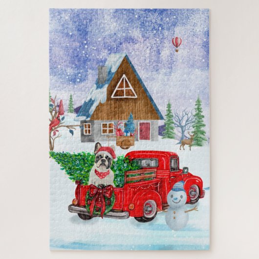 Franse Bulldog met kerstcadeau vrachtwagen sneeuw Legpuzzel (Verticaal)
