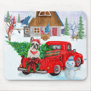 Franse Bulldog met kerstcadeau vrachtwagen sneeuw Muismat