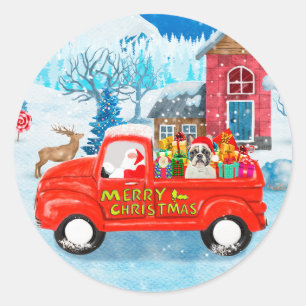 Franse Bulldog met kerstcadeau vrachtwagen sneeuw Ronde Sticker