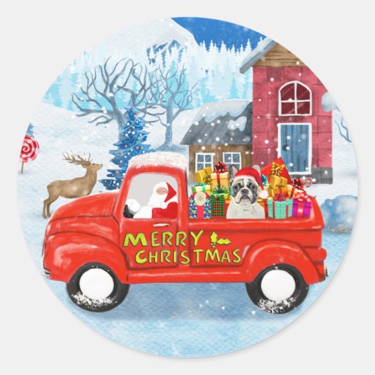 Franse Bulldog met kerstcadeau vrachtwagen sneeuw Ronde Sticker (Voorkant)