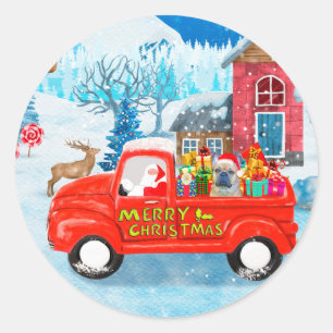 Franse Bulldog met kerstcadeau vrachtwagen sneeuw Ronde Sticker