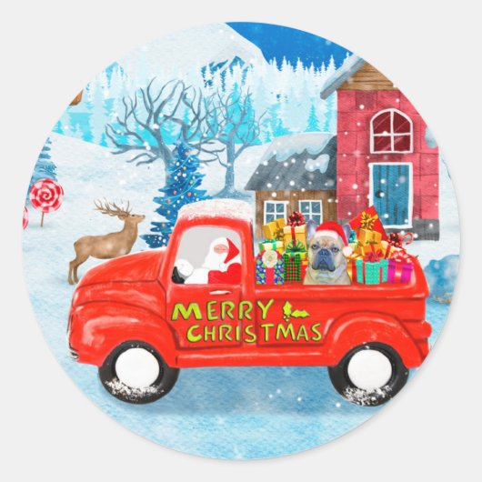 Franse Bulldog met kerstcadeau vrachtwagen sneeuw Ronde Sticker (Voorkant)