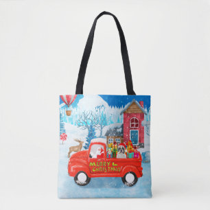 Franse Bulldog met kerstcadeau vrachtwagen sneeuw Tote Bag