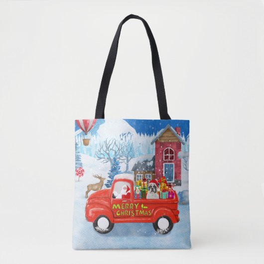 Franse Bulldog met kerstcadeau vrachtwagen sneeuw Tote Bag (Voorkant)