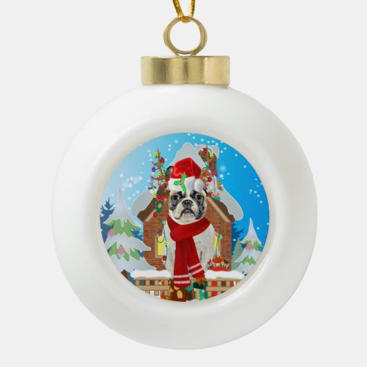 Franse Bulldog met kerstcadeaus Keramische Bal Ornament (Voorkant)