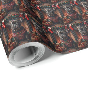 Franse Bulldog met kerstcadeaus open haard Cadeaupapier