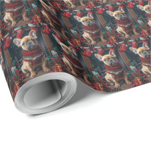 Franse Bulldog met kerstcadeaus open haard Cadeaupapier