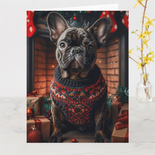 Franse Bulldog met kerstcadeaus open haard Kaart (Gele Bloem)