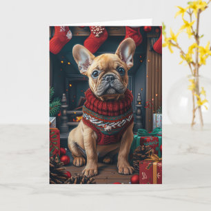 Franse Bulldog met kerstcadeaus open haard Kaart