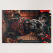 Franse Bulldog Met Kerstcadeaus Open Haard Legpuzzel (Horizontaal)