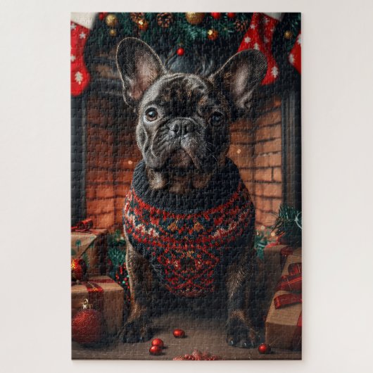 Franse Bulldog Met Kerstcadeaus Open Haard Legpuzzel (Verticaal)