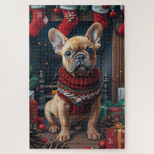 Franse Bulldog met kerstcadeaus open haard Legpuzzel (Verticaal)