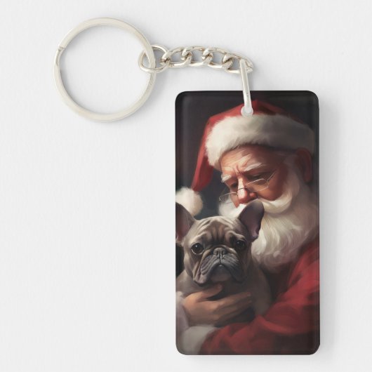 Franse Bulldog met Kerstman Feestelijke Kerstmis Sleutelhanger (Voorkant)