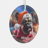 Franse Bulldog met kerstmuts Glas Ornament (Voorkant Rechts)