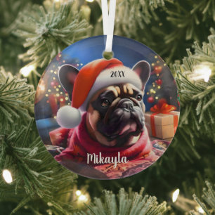 Franse Bulldog met kerstmuts Glas Ornament