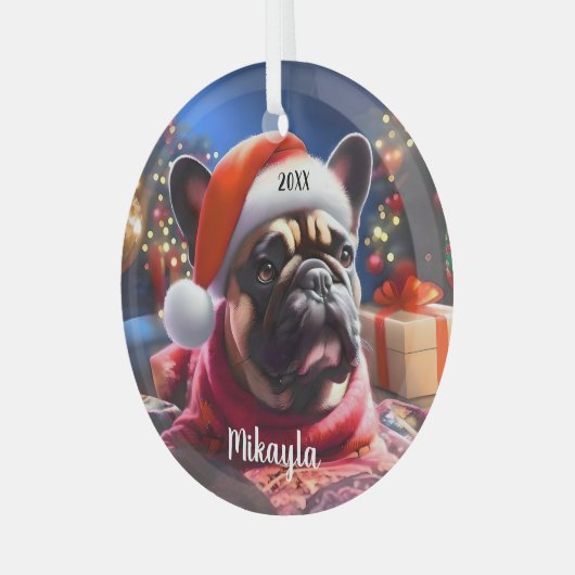 Franse Bulldog met kerstmuts Glas Ornament (Voorkant links)