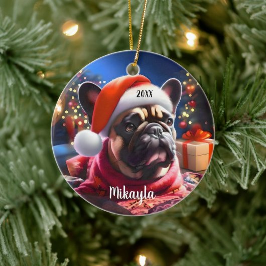 Franse Bulldog met kerstmuts Keramisch Ornament (Boom)