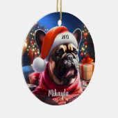 Franse Bulldog met kerstmuts Keramisch Ornament (Rechts)