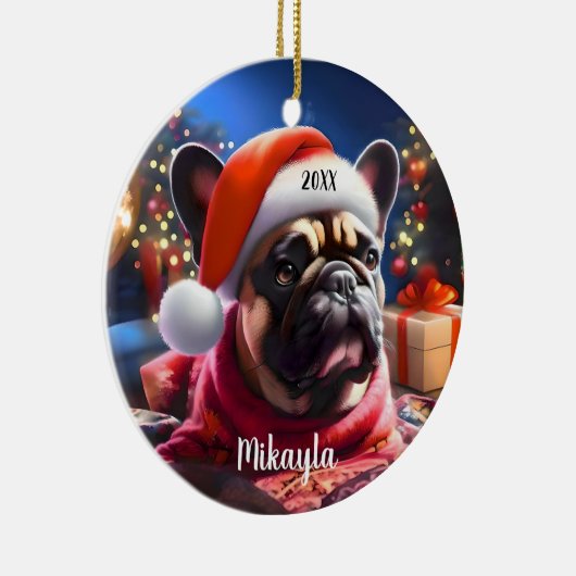 Franse Bulldog met kerstmuts Keramisch Ornament (Rechts)