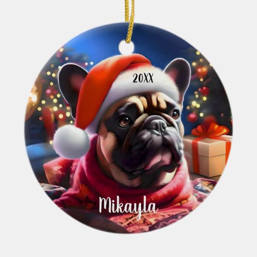 Franse Bulldog met kerstmuts Keramisch Ornament (Voorkant)