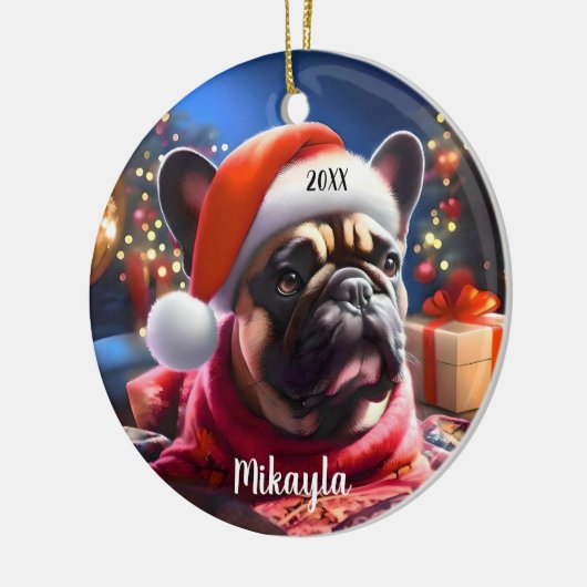 Franse Bulldog met kerstmuts Keramisch Ornament (Links)