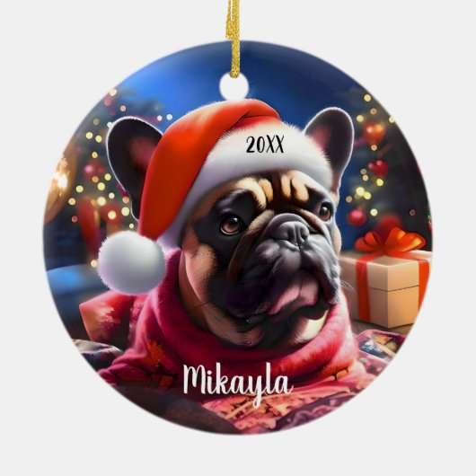 Franse Bulldog met kerstmuts Keramisch Ornament (Achterkant)