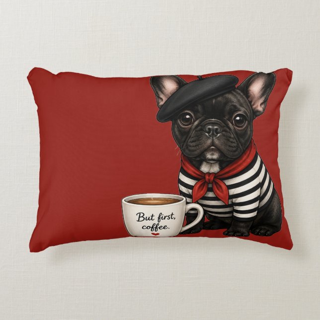 Franse Bulldog met koffie Accent Kussen (Voorkant)
