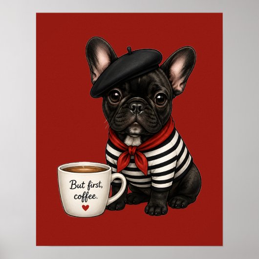 Franse Bulldog met koffie Poster (Voorkant)