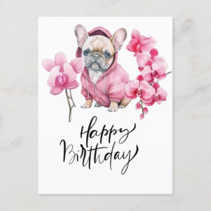 Franse Bulldog met orchidee waterverf Verjaardag Briefkaart