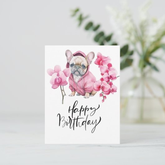 Franse Bulldog met orchidee waterverf Verjaardag Briefkaart (Staand voorkant)
