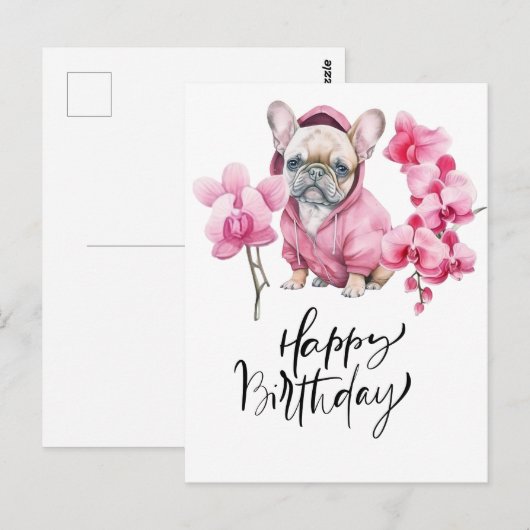 Franse Bulldog met orchidee waterverf Verjaardag Briefkaart (Voorkant / Achterkant)