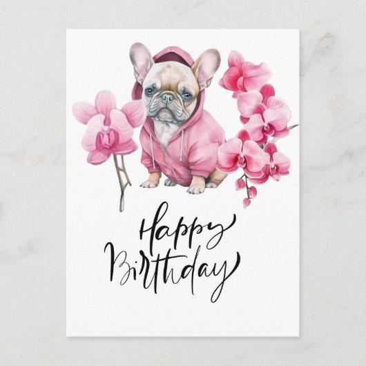 Franse Bulldog met orchidee waterverf Verjaardag Briefkaart (Voorkant)