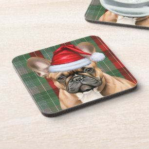 Franse Bulldog met rode en groene kerstplaid Bier Onderzetter