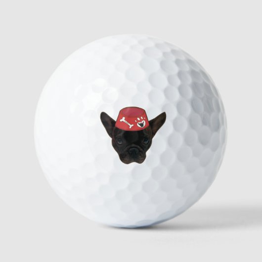 Franse Bulldog met rode kom Golfballen (Voorkant)