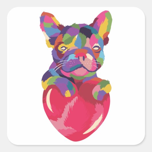 Franse Bulldog met rood hartkleurig rood Vierkante Sticker (Voorkant)