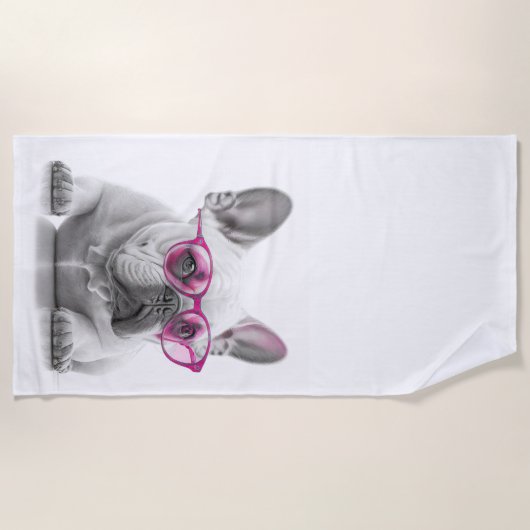 Franse Bulldog met roze bril Beach Towel Strandlaken (Voorkant)