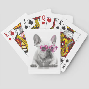 Franse Bulldog met roze bril die kaarten speelt