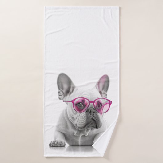 Franse Bulldog met roze bril voor badhanddoeken Badhanddoek (Badhanddoek)
