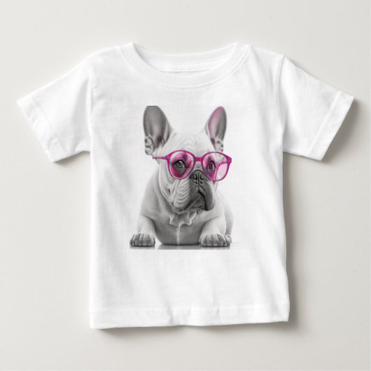 Franse Bulldog met roze glazen Baby Fine Tshirt (Voorkant)