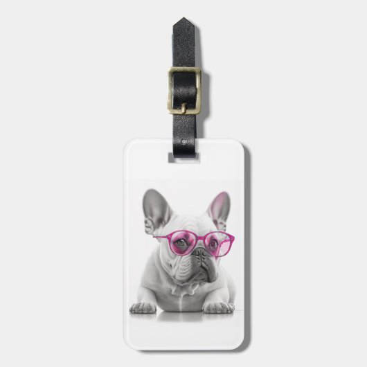 Franse Bulldog met roze glazen bagagelabel (Voorkant verticaal)