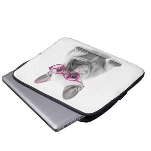 Franse Bulldog met roze glazen laptop hoesje Laptop Sleeve (Voorkant onderkant)