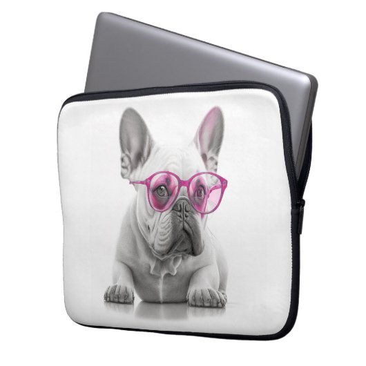 Franse Bulldog met roze glazen laptop hoesje Laptop Sleeve (Voorkant Links)