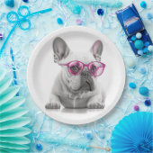 Franse Bulldog met roze glazen papier bord (Feest)