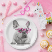 Franse Bulldog met roze glazen papier bord (Feest)