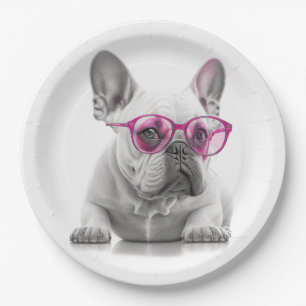 Franse Bulldog met roze glazen papier bord