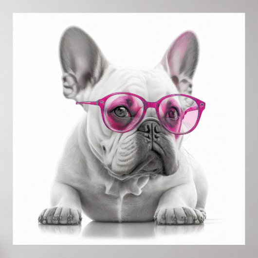 Franse Bulldog met roze glazen poster (Voorkant)